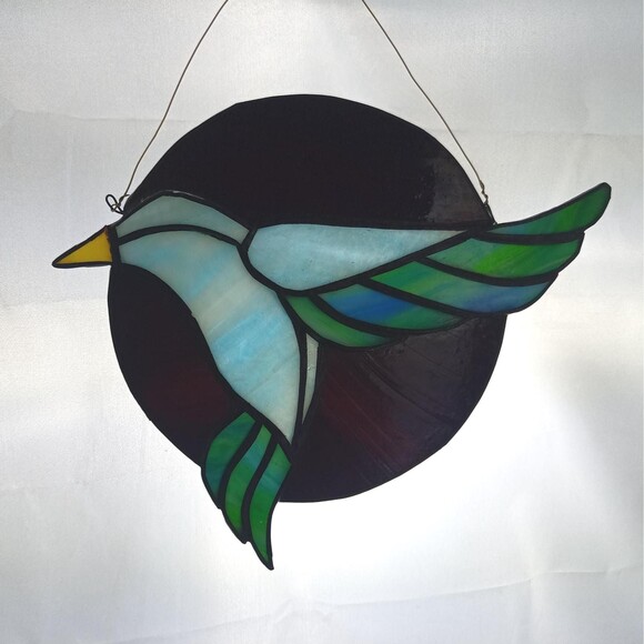 Stained Glass Panel Wall Hanging Window Decor 9 x 11 in Blue Bird Yellow Beak - Picture 7 of 10